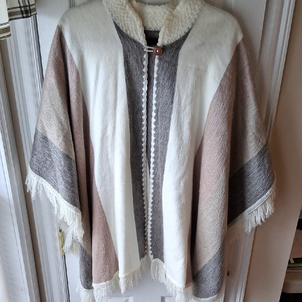 Alpaca Poncho Cream, Taupe & Gray Fringe  Cape Made In Ecuador